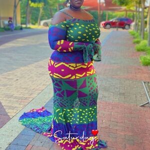 OFUURE ANU GREEN OFF SHOULDER MAXI MESH DRESS (TRAIN)